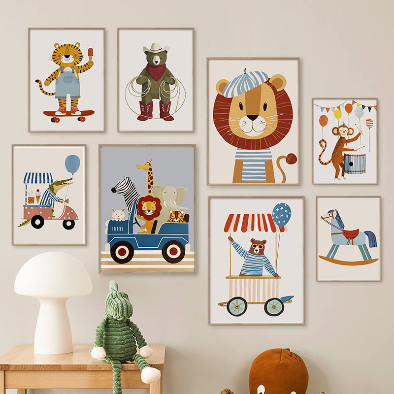 Baby Nursery Animal Prints - Funny Cartoon Animal Car Balloon Nursery