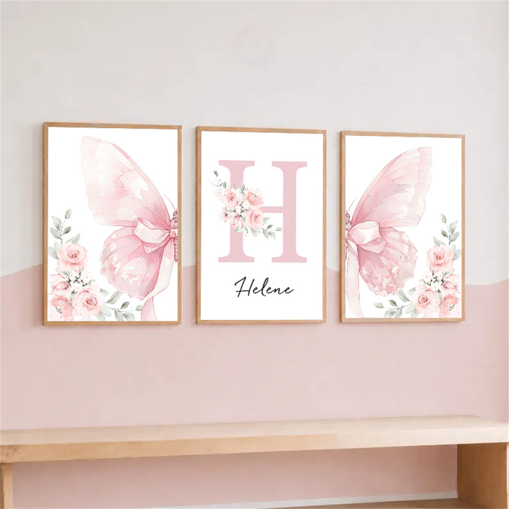 Baby Nursery Name Wall Art - Cartoon Pink Flower Butterfly Custom Name