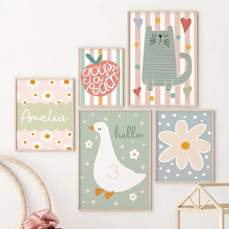 Cartoon Cat Duck Bird Apple Cu - đánh giá và giá Baby Nursery Name Wall Art