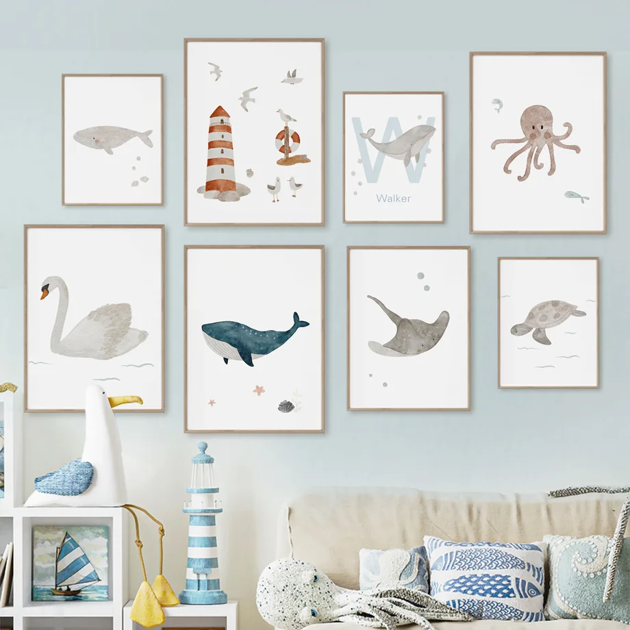 Name Whale Octopus Turtle Swan - đánh giá và giá Baby Nursery Name Wall Art