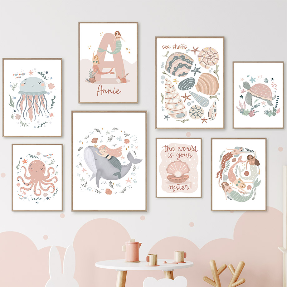 Cartoon Sea Animals Whale Merm - đánh giá và giá Baby Nursery Name Wall Art